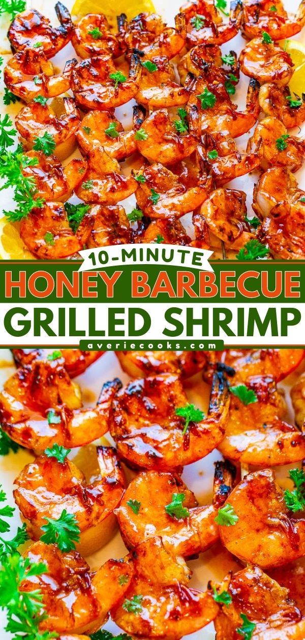 10-Minute Grilled Honey Barbecue Shrimp — Fast, EASY, healthy, ready in 10 minutes, and the perfect way to enjoy shrimp!! Tender, juicy, and full of such great FLAVOR from the barbecue sauce and honey!!