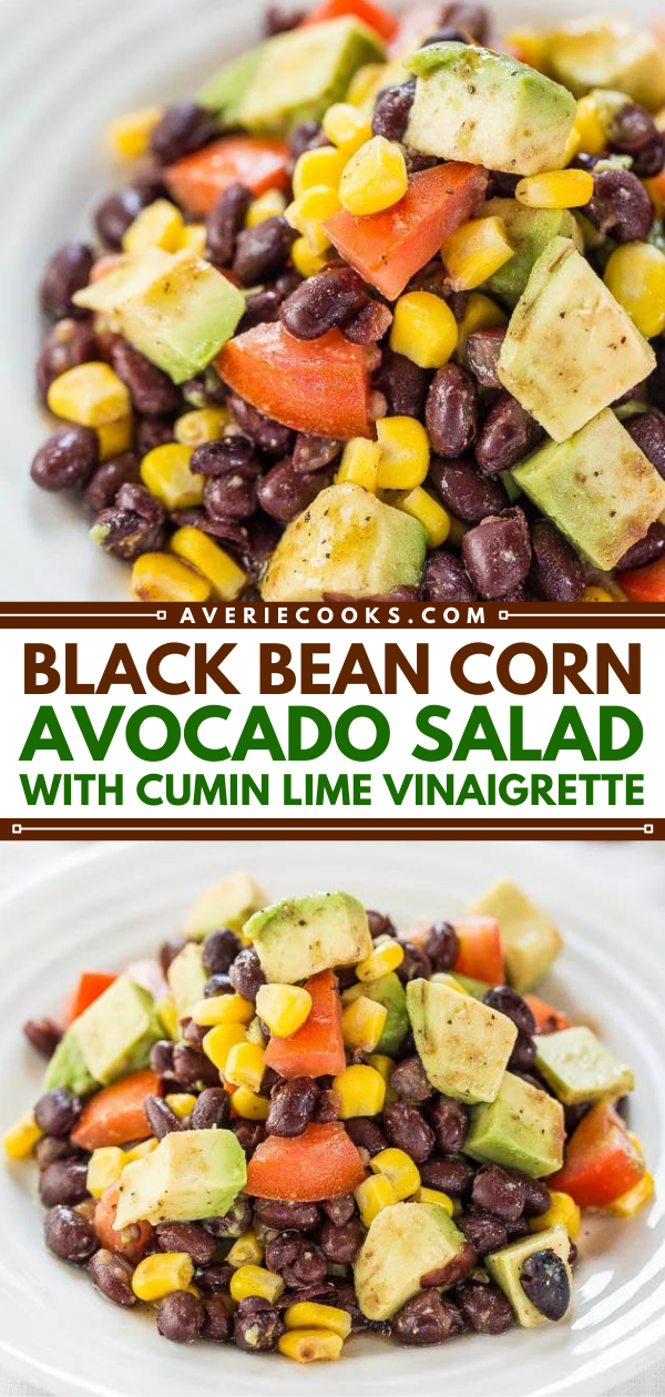 This Black Bean Corn Avocado Salad is tossed with a tangy cumin lime vinaigrette. It's incredibly filling thanks to the beans and avocado, and can easily be packed for lunch. 