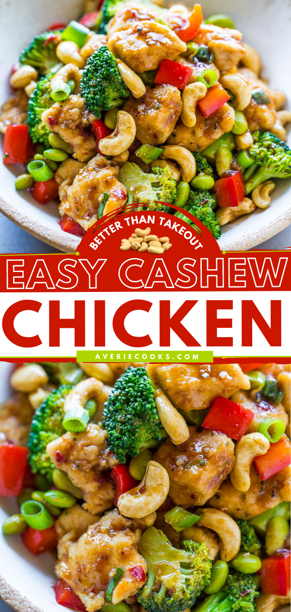 A colorful dish of cashew chicken with broccoli and red peppers, advertised as an easy recipe better than takeout.