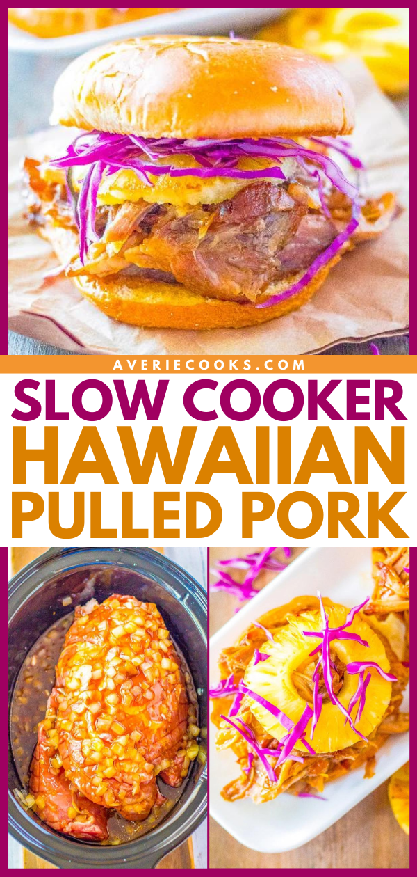 Slow Cooker Hawaiian Pulled Pork — Pork is slow cooked to perfection and has Hawaiian-inspired flavors from pineapple and teriyaki sauce! Sweet, tangy, tender, and juicy! It makes the best pulled pork sandwiches that everyone loves!
