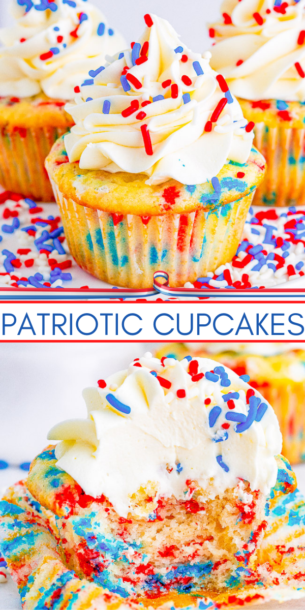 Red, White, and Blue Patriotic Cupcakes - Perfect for your Fourth of July, Labor Day, or Memorial Day festivities! These EASY NO-MIXER festive cupcakes topped with buttercream frosting are moist, springy, fluffy, and sure to be a crowd FAVORITE!