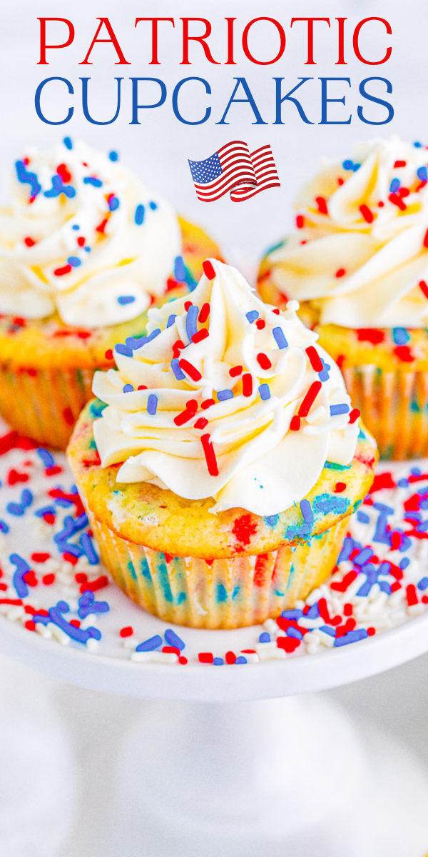 Red, White, and Blue Patriotic Cupcakes - Perfect for your Fourth of July, Labor Day, or Memorial Day festivities! These EASY NO-MIXER festive cupcakes topped with buttercream frosting are moist, springy, fluffy, and sure to be a crowd FAVORITE!