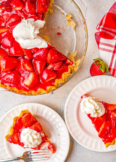 Fresh Strawberry Pie – This EASY strawberry pie is bursting with juicy, fresh strawberries and covered in a delicious glaze! Use a homemade flaky crust OR a refrigerated store bought crust for this amazing pie that everyone LOVES! Only SIX main ingredients!