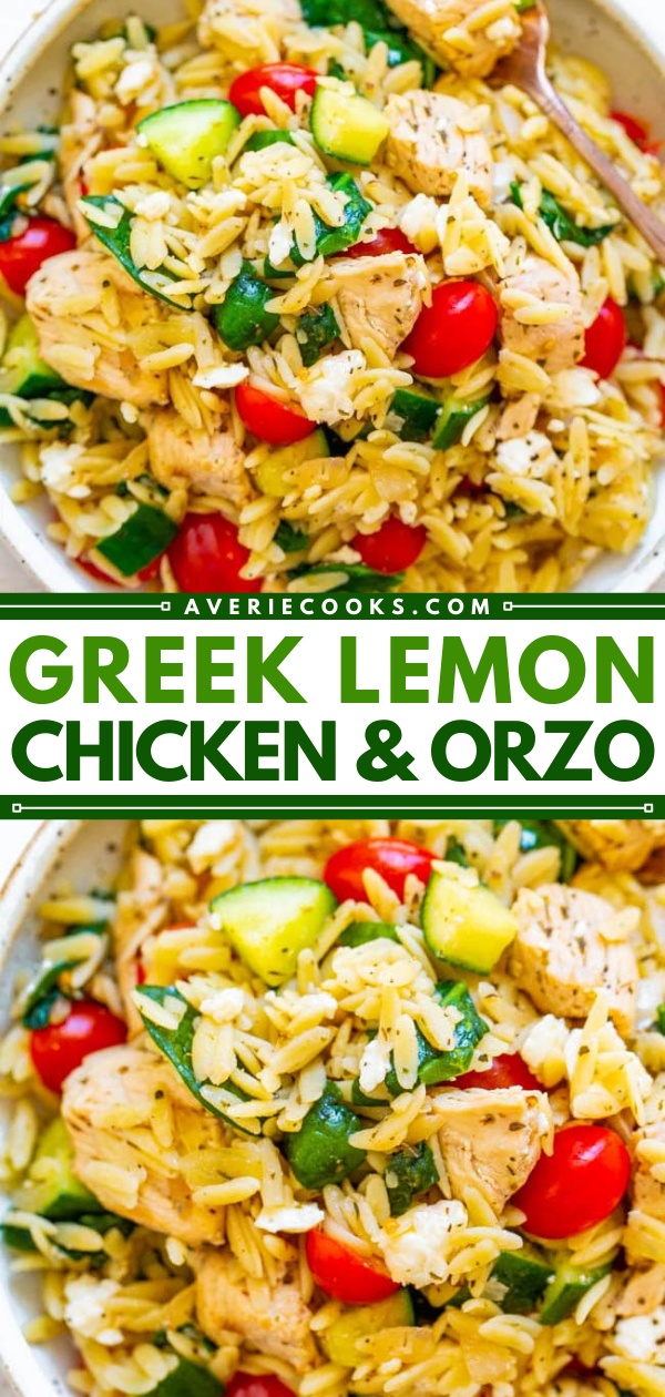 Greek Lemon Chicken and Orzo — EASY, ready in 25 minutes, and feeds a crowd!! Juicy lemon chicken with orzo, fresh spinach, cucumbers, and tomatoes make this a dinnertime WINNER! Great for parties, picnics, and potlucks!!