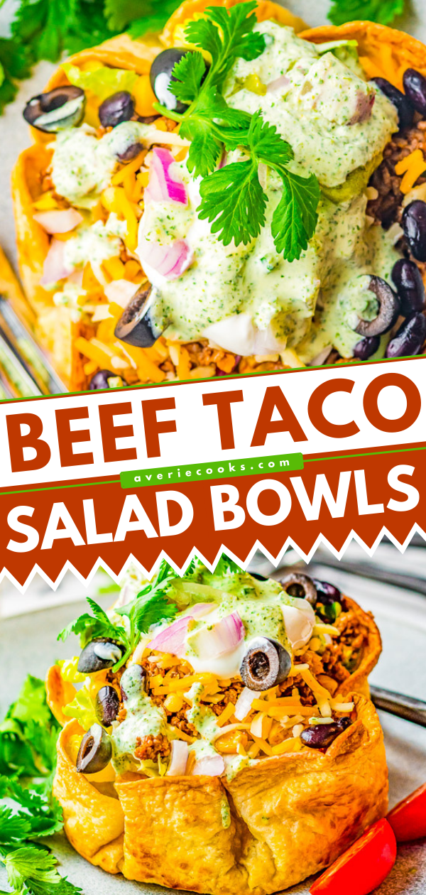 Beef Taco Salad Bowls - Making homemade taco salad bowls is so easy and they're perfect for holding this family-favorite taco salad including seasoned ground beef, black beans, cheese and more! Everything is topped with a creamy lime-cilantro dressing that'll have everyone finishing their salad!