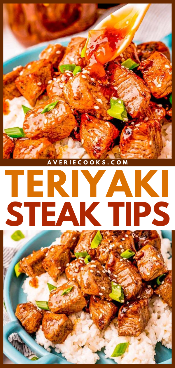 Teriyaki Steak Tips — Tri-tip steak tips are cooked to perfection and then topped with a thick and sticky homemade pineapple teriyaki sauce! A family favorite that everyone will love and is FAST and EASY to make!