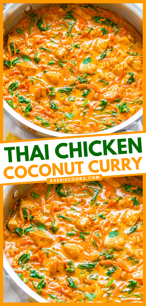 Thai Chicken Coconut Curry – An EASY one-skillet curry that’s ready in 20 minutes and is layered with so many fabulous flavors!! Low-cal, low-carb, and HEALTHY but tastes like comfort food!!