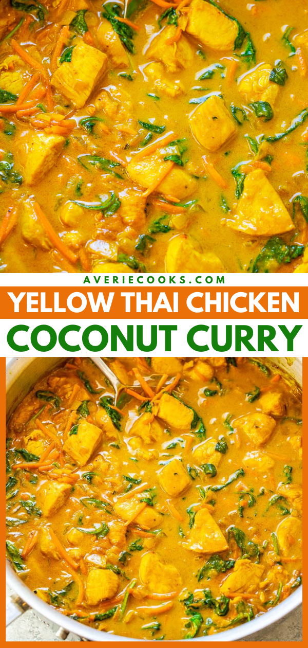 Thai Yellow Curry with Chicken — Better-than-takeout yellow curry is EASY and ready in 25 minutes!! Healthy comfort food with the PERFECT amount of heat and lots of textures and flavors in every bite! Impress your friends and family and make this DELICIOUS curry at home!!