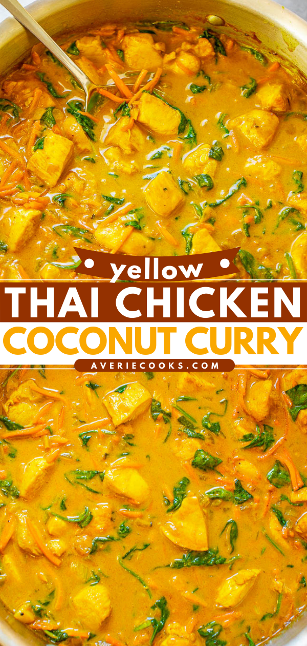 Thai Yellow Curry with Chicken — Better-than-takeout yellow curry is EASY and ready in 25 minutes!! Healthy comfort food with the PERFECT amount of heat and lots of textures and flavors in every bite! Impress your friends and family and make this DELICIOUS curry at home!!
