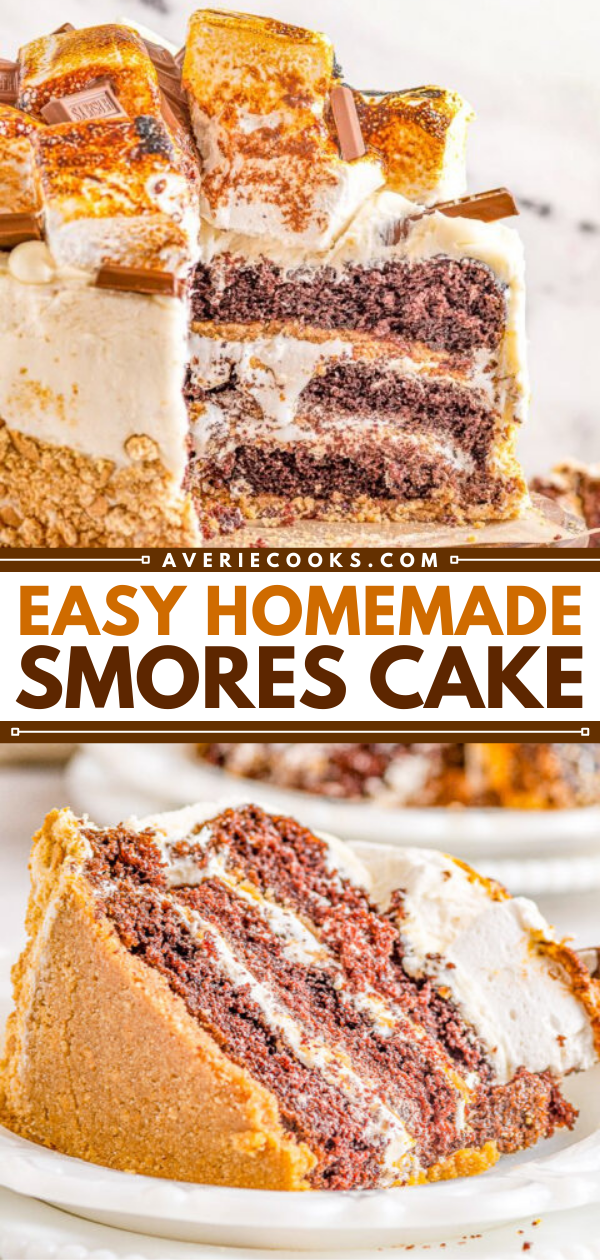 Smores Cake — A three-layer, show-stopping cake that everyone will ADORE! Moist and tender layers of chocolate cake along with crunchy graham cracker crusts, sweet marshmallow buttercream frosting, toasted marshmallows, and chocolate bars for a true smores experience! 