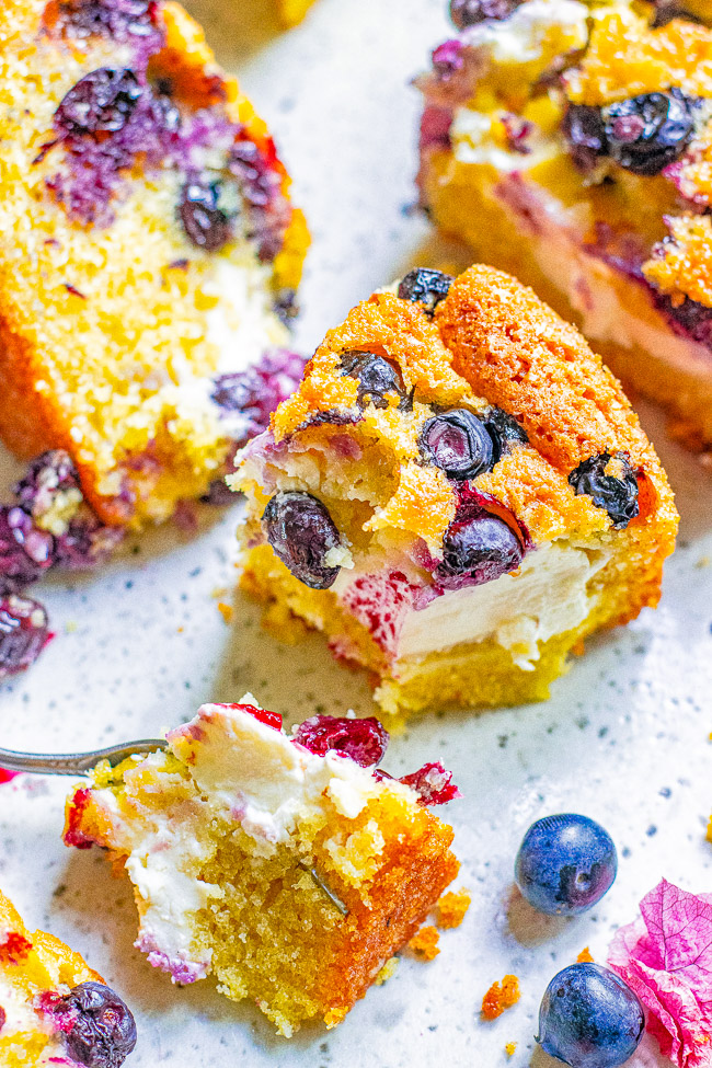 Cream Cheese-Filled Blueberry Cake - A light and tender blueberry sponge cake stuffed with tangy-sweet cream cheese and bursting with juicy blueberries in every bite! An EASY, no-mixer cake recipe that's sure to be a family FAVORITE!!
