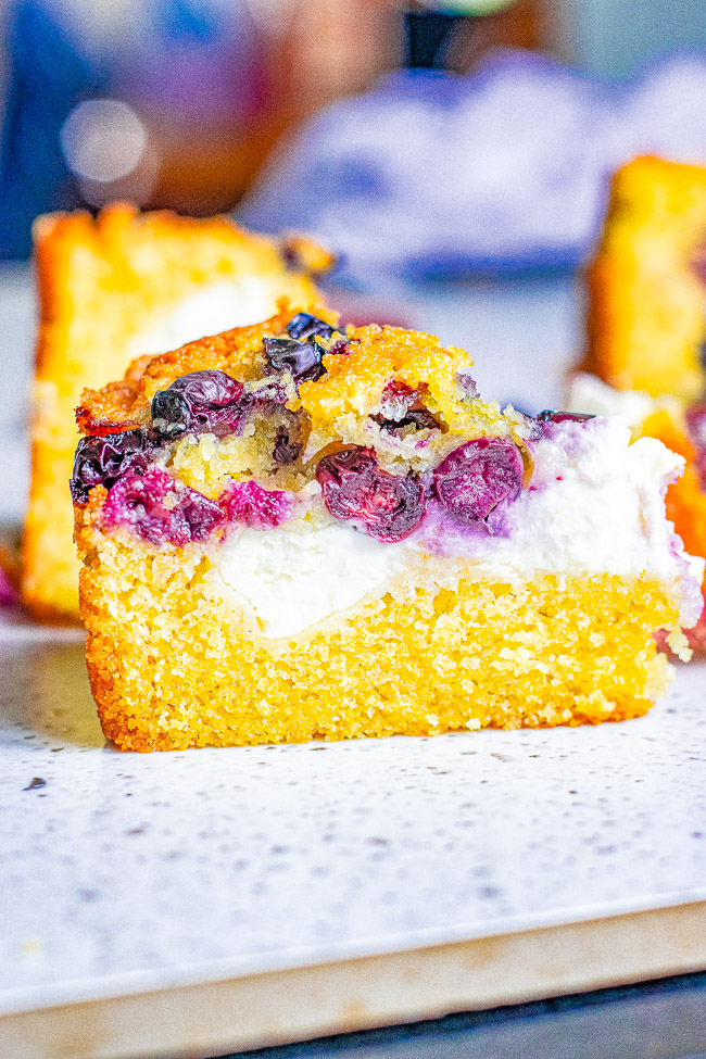 Cream Cheese-Filled Blueberry Cake - A light and tender blueberry sponge cake stuffed with tangy-sweet cream cheese and bursting with juicy blueberries in every bite! An EASY, no-mixer cake recipe that's sure to be a family FAVORITE!!