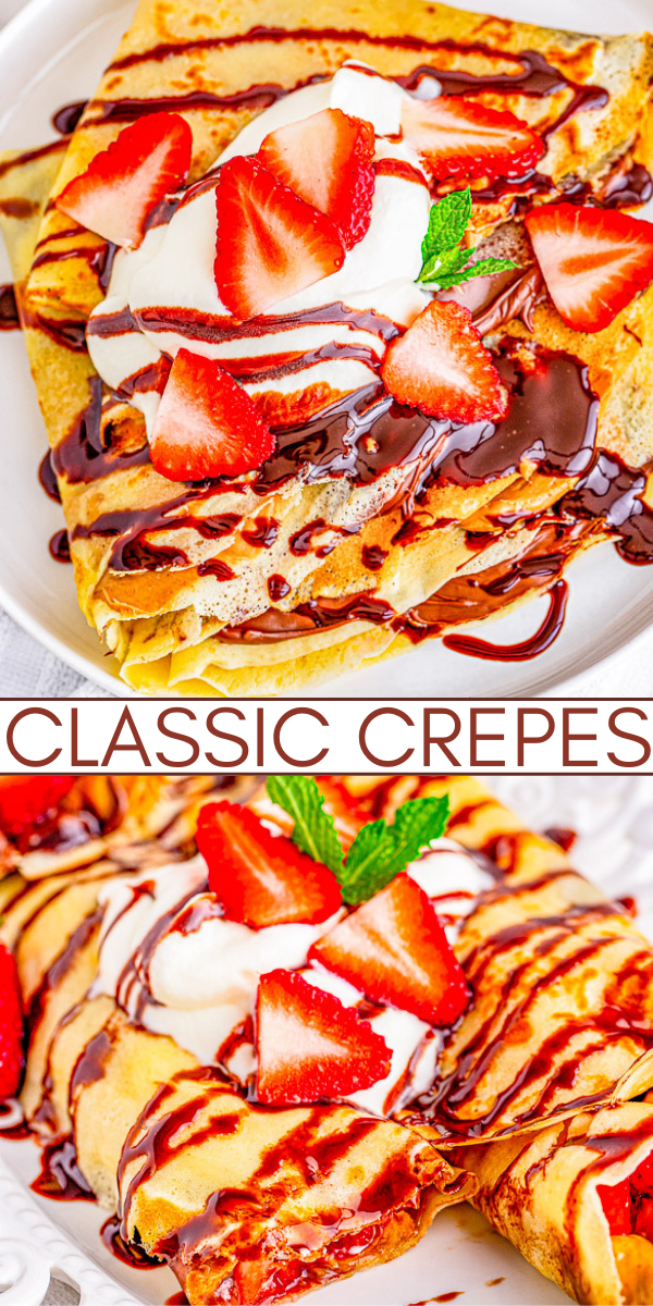 Classic Crepes — This basic crepe recipe produces tender, thin, delicate, buttery crepes that are wonderful with most any kind of filling from sweet to savory! Learn to make classic French crepes at home with just 6 COMMON ingredients! FAST, EASY, and NO special pans required! 