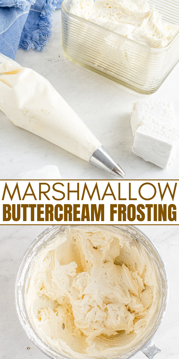 Marshmallow Buttercream Frosting - A five-minute decadent frosting recipe made with just five ingredients! Rich, sweet, smooth, perfect for piping or just spreading on your favorite cake, cupcakes, brownies, and more! So EASY yet so good!