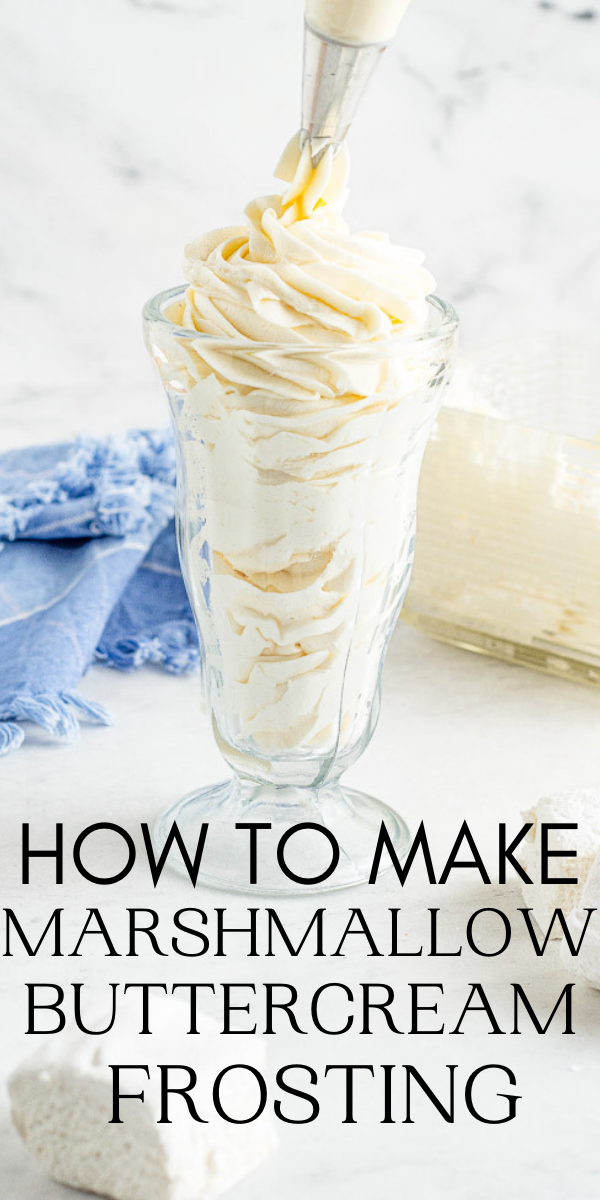 Piping marshmallow buttercream frosting into a glass with a text overlay: "how to make marshmallow buttercream frosting.