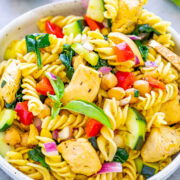 Mediterranean Lemon Chicken Pasta Salad in a bowl.