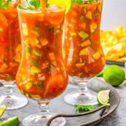 Three glasses of Mexican shrimp cocktail.