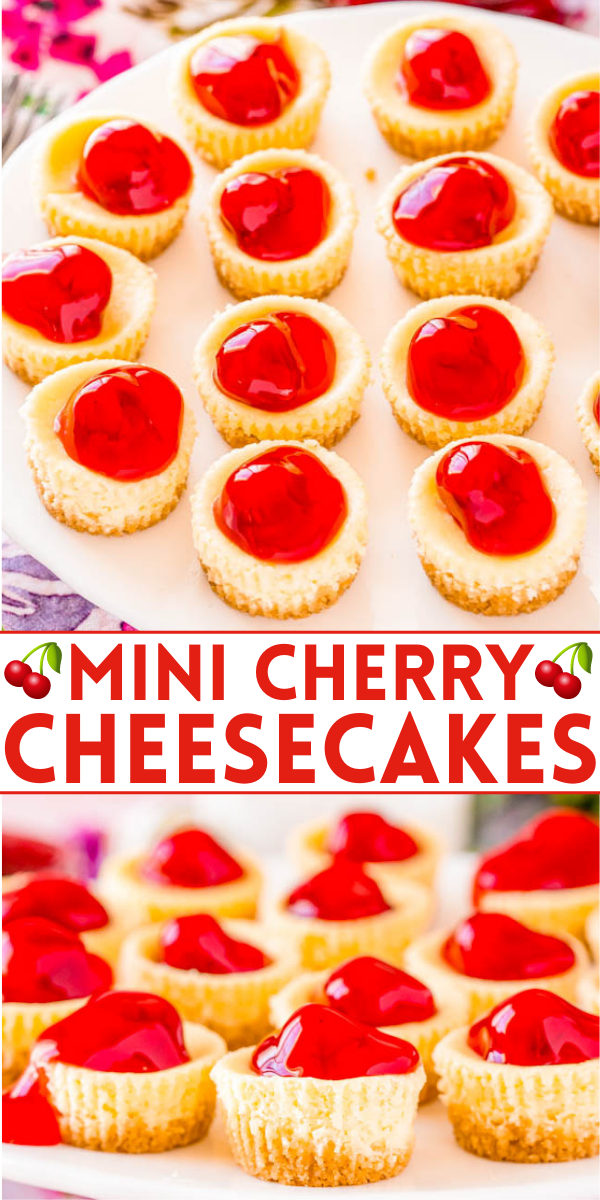 Mini Cherry Cheesecakes - Fun and adorable mini cheesecakes have a crunchy graham cracker crust, a creamy cheesecake filling, and are topped with cherry pie filling but you can top them with anything you’d like! EASY, sure to impress, and mini food always tastes BETTER!