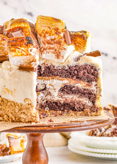 Smores Cake - A three layer showstopping cake that everyone will ADORE! Moist and tender layers of chocolate cake along with crunchy graham cracker crusts, sweet marshmallow buttercream frosting, toasted marshmallows, and chocolate bars for a true smores experience! So many AMAZING textures and flavors in this rich and decadent smores cake! My very detailed post walks you through making this cake in extreme detail so it's easy enough to master even for average bakers! 