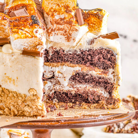 Smores Cake - A three layer showstopping cake that everyone will ADORE! Moist and tender layers of chocolate cake along with crunchy graham cracker crusts, sweet marshmallow buttercream frosting, toasted marshmallows, and chocolate bars for a true smores experience! So many AMAZING textures and flavors in this rich and decadent smores cake! My very detailed post walks you through making this cake in extreme detail so it's easy enough to master even for average bakers! 