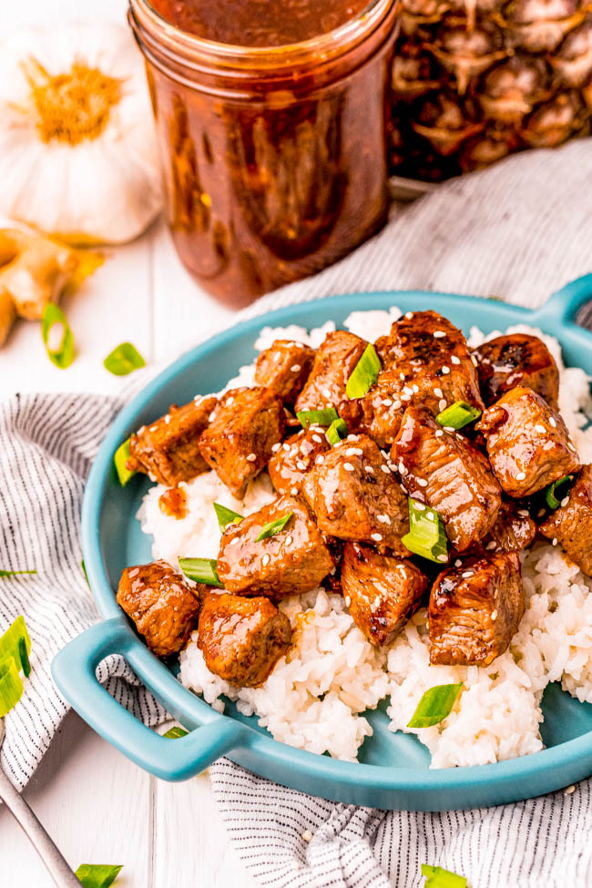 Teriyaki Steak Tips - Tri-tip steak tips are cooked to perfection and then topped with a thick and sticky homemade pineapple teriyaki sauce! A family favorite that everyone will love and is FAST and EASY to make!