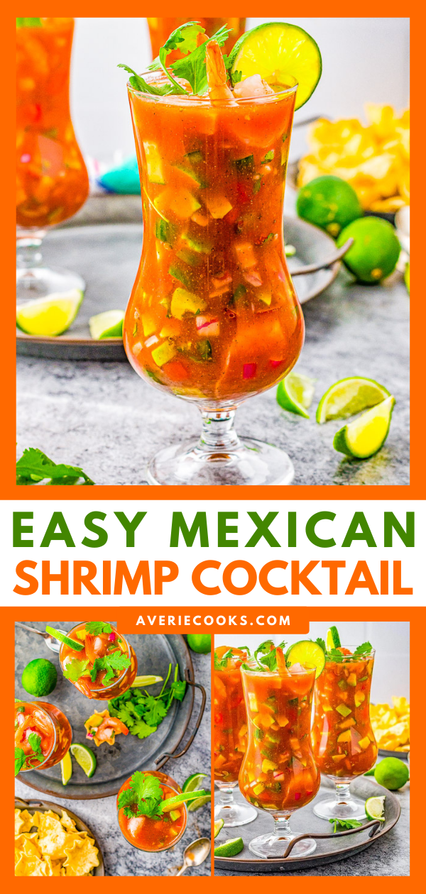 Colorful mexican shrimp cocktail served in glasses with lime garnish.