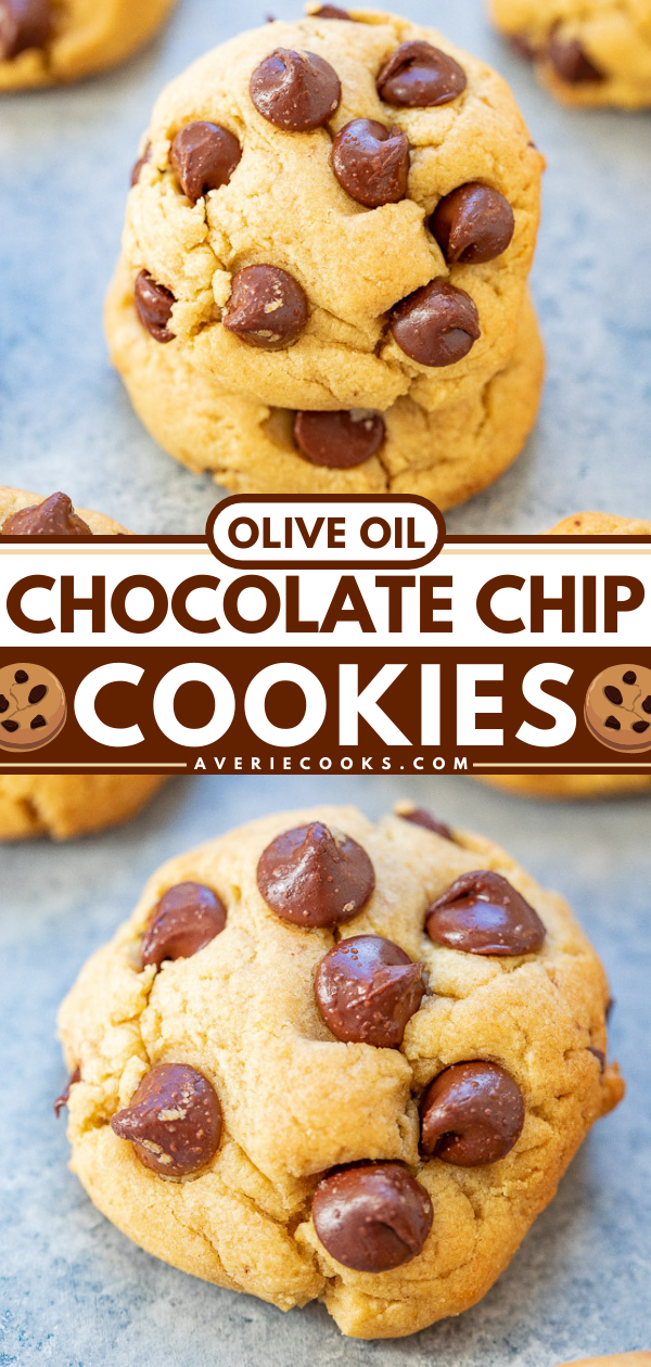 Olive Oil Chocolate Chip Cookies - You won’t miss the butter in these olive oil chocolate chip cookies!! They’re soft and chewy, loaded with chocolate, and have a unique flavor from the olive oil but it's not overpowering! If you're looking for a twist on classic chocolate chip cookies, try these!