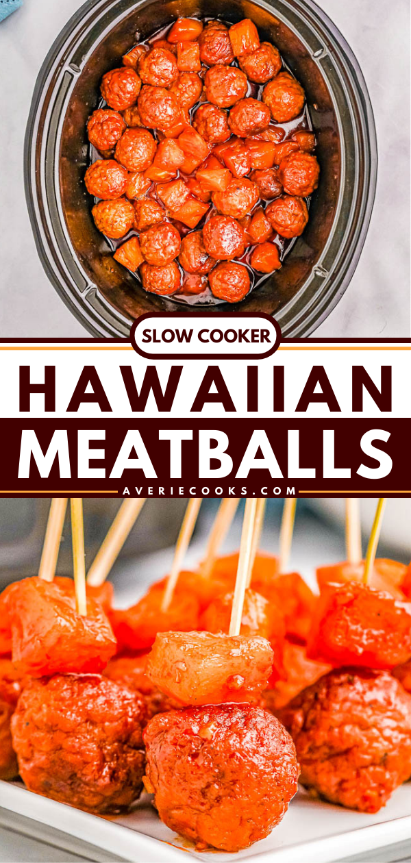 Slow Cooker Hawaiian Meatballs — The EASIEST slow cooker meatball recipe that's sure to be a hit at parties and events! Or turn this into a no-fuss weeknight meal and serve these pineapple-infused Hawaiian meatballs over rice! Made with only 6 ingredients so you can just set your slow cooker and let it do all the work!