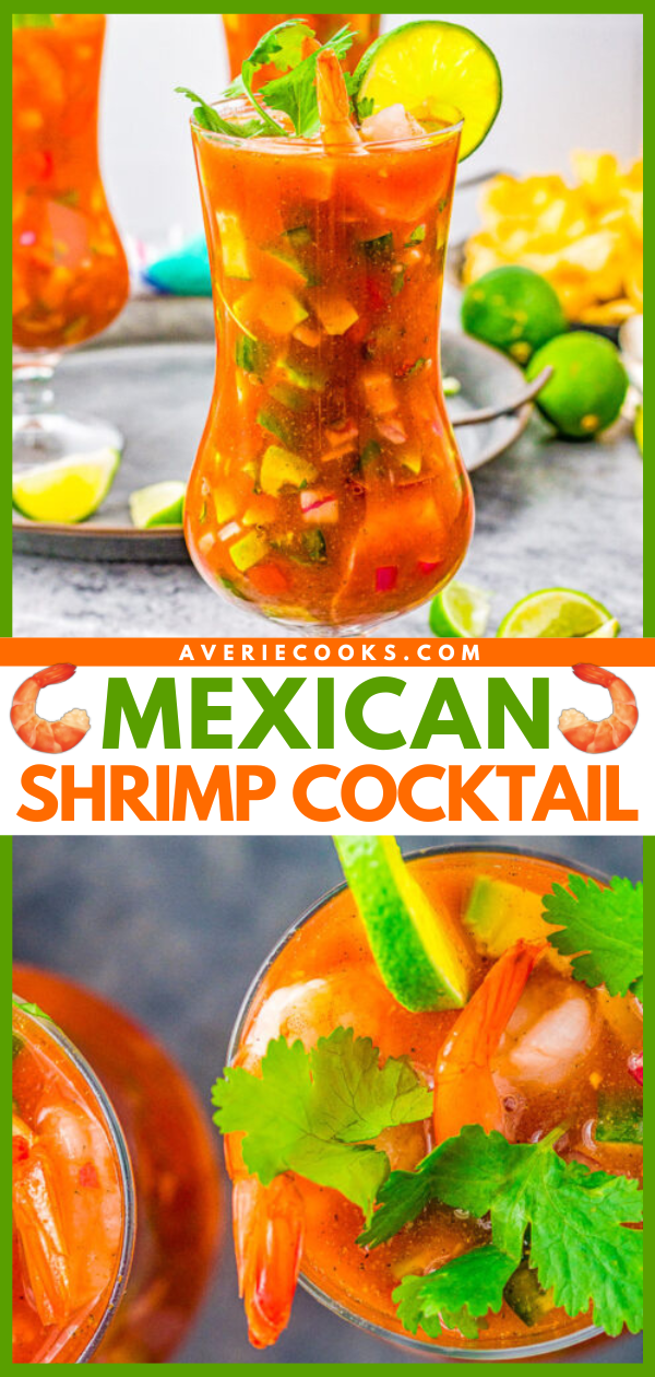 Mexican Shrimp Cocktail — Chilled shrimp, tomatoes, cucumber, onion, jalapeno, creamy avocado, and more are combined in a tomato-based sauce, along with a bit of Mexican hot sauce for some kick! Perfect for entertaining or as a no-cook lunch, snack, or dinner - especially when it's too hot to cook!