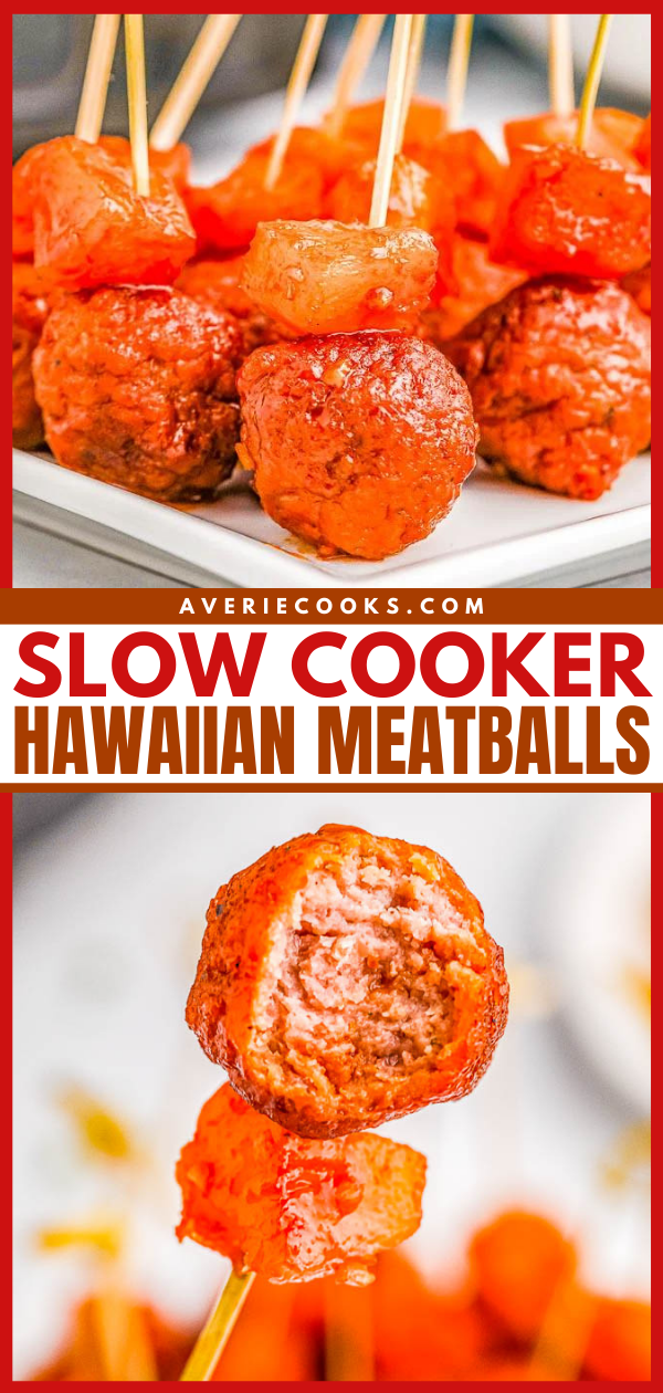 Slow Cooker Hawaiian Meatballs — The EASIEST slow cooker meatball recipe that's sure to be a hit at parties and events! Or turn this into a no-fuss weeknight meal and serve these pineapple-infused Hawaiian meatballs over rice! Made with only 6 ingredients so you can just set your slow cooker and let it do all the work!