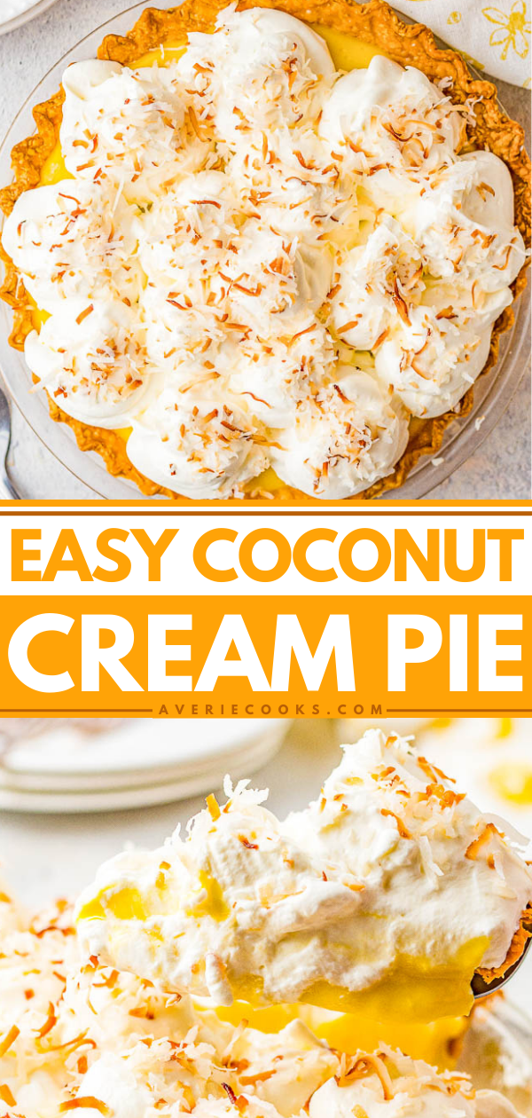 Coconut Cream Pie — Homemade coconut cream pie that will become a family FAVORITE! There's a luscious coconut filling, a creamy top, and this EASY from-scratch pie is loaded with coconut flavor because coconut is used four different ways! Use store bought crust to save time!