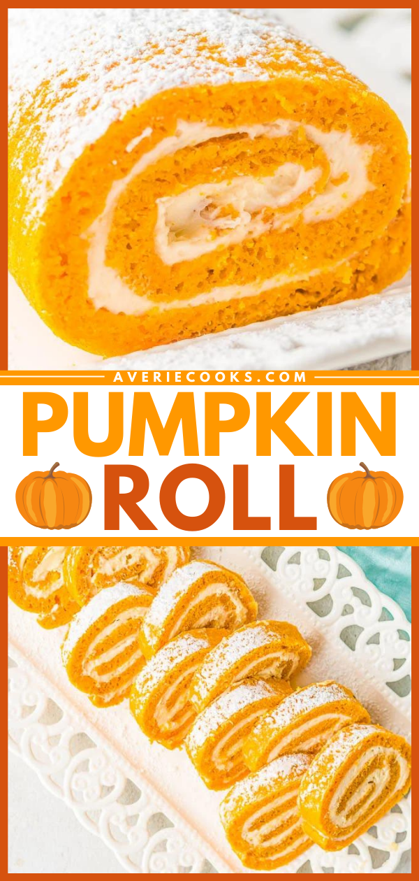 Cream Cheese Pumpkin Roll — With my EASY pumpkin roll recipe and clear directions,  you're going to be a pumpkin roll pro! No dish towel required to roll up my classic pumpkin roll cake that's full of rich pumpkin spice flavor and tangy cream cheese frosting! A fall favorite that all pumpkin fans will just ADORE! Freezes well and makes a great hostess gift! 