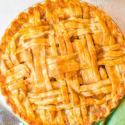 A homemade apple pie with a lattice crust.