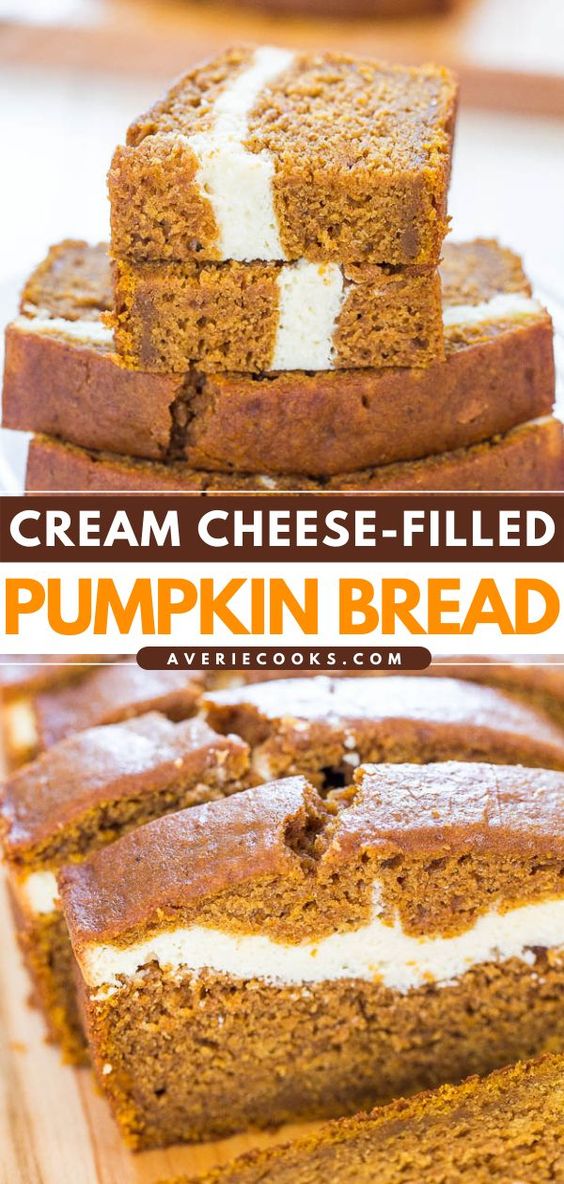 Pumpkin Cream Cheese Bread — This is without a doubt the BEST pumpkin bread recipe! This pumpkin cream cheese bread tastes like it has cheesecake baked into the middle. You'll definitely want a second slice! 