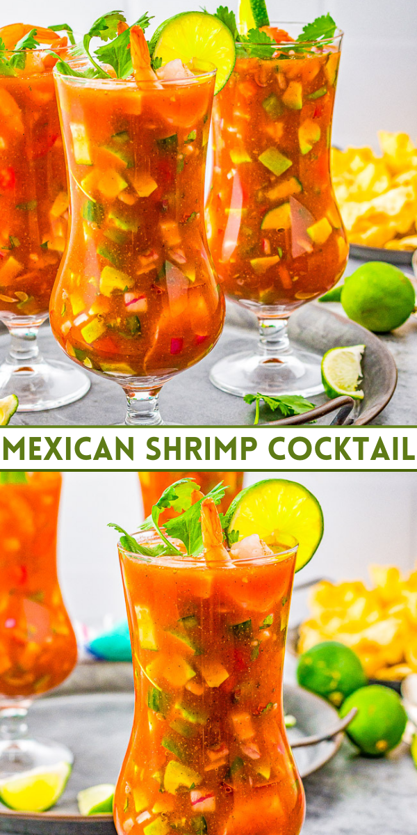 Mexican Shrimp Cocktail - Chilled shrimp, tomatoes, cucumber, onion, jalapeno, creamy avocado, and more are combined in a tomato-based sauce, along with a bit of Mexican hot sauce for some kick! Perfect for entertaining or as a no-cook lunch, snack, or dinner - especially when it's too hot to cook!