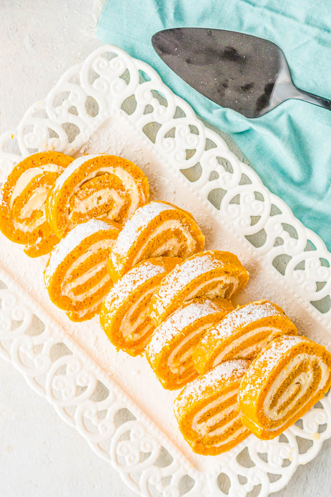 Pumpkin Roll – With my EASY pumpkin roll recipe and clear specific directions, you’re going to be a pumpkin roll pro! No dish towel required to roll up my classic pumpkin roll cake that’s full of rich pumpkin spice flavor and tangy cream cheese frosting! A fall favorite that all pumpkin fans will just ADORE! Freezes well and makes a great hostess gift!