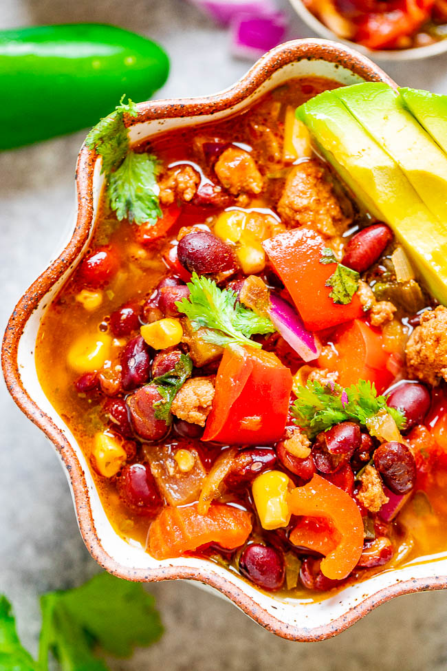 Easy 30-Minute Taco Soup – Taco lovers are going to love this beef taco soup which is like eating tacos but in soup form! Layers of Mexican-inspired flavors in this comforting and hearty yet healthy soup that will become a family FAVORITE! Fast, easy, one pot, and perfect for busy weeknights!