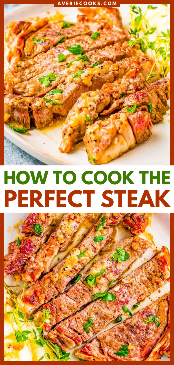 How to Cook the Perfect Steak — Learn how to cook the perfect steak on the stovetop, every time! Which cut and grade of meat to choose, what temperature, what skillet, and how long to cook it. Plus, there are all the TIPS and TRICKS you need to know are included so you can make the BEST steak at home to rival a fancy steakhouse every single time!