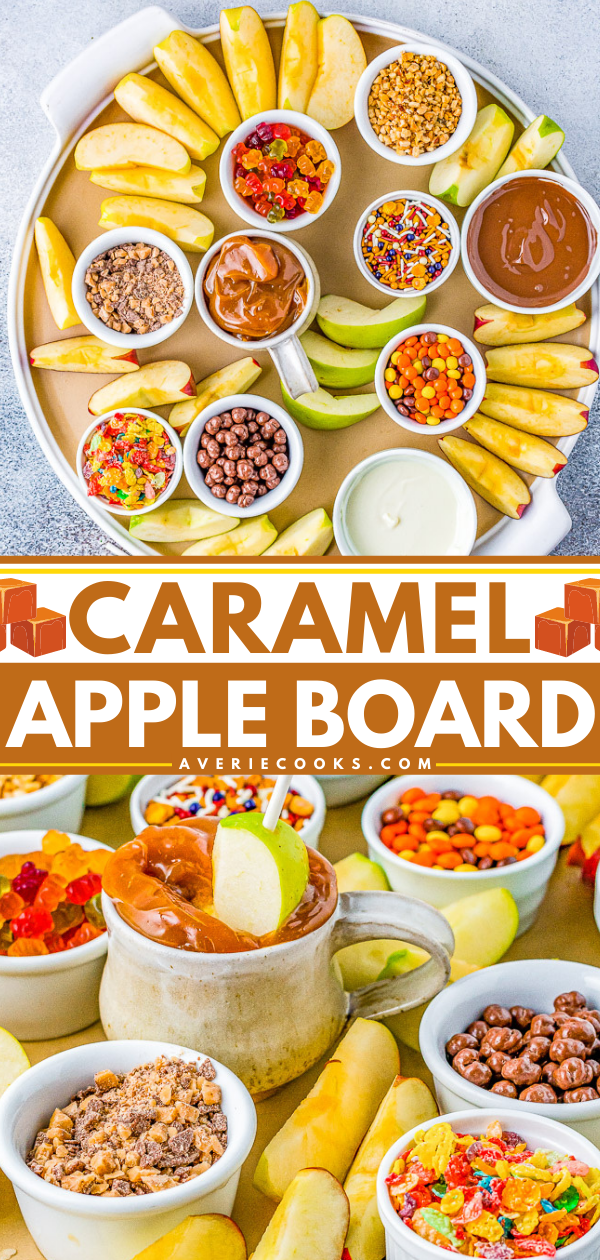 Caramel Apple Board - It's caramel apple season and this caramel apple board is a FUN and festive quintessential fall treat! EASY to prep and it's a wonderful family family-friendly activity for kids and adults alike!