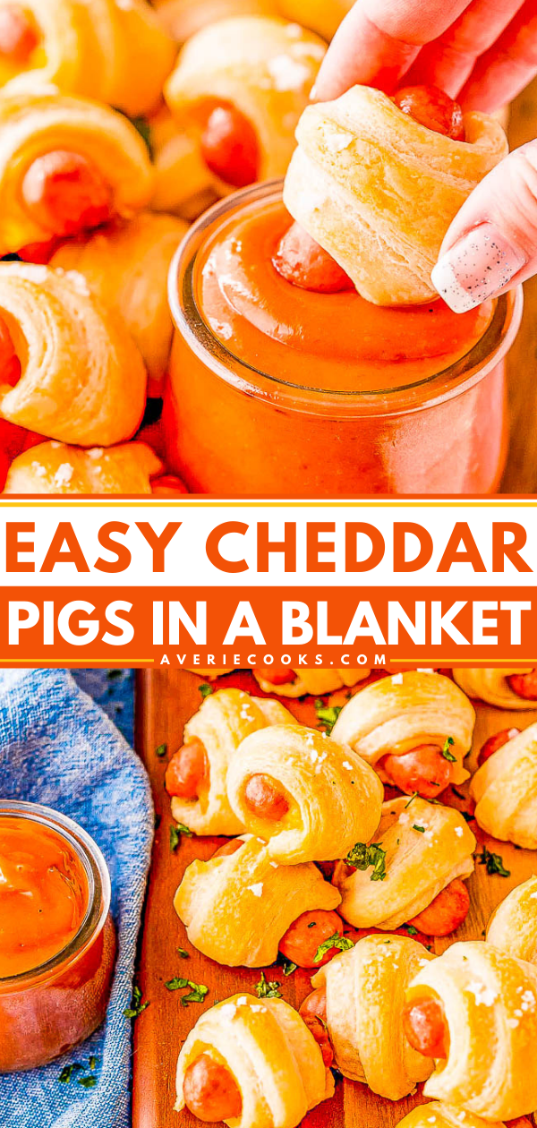 Cheddar Pigs in a Blanket — If you've never tried pigs in a blanket with cheese before, make this recipe! Sliced cheddar cheese and flaked salt takes this classic game day recipe and turns up the flavor! A FAST and EASY appetizer for holiday parties, get-togethers, or events! 