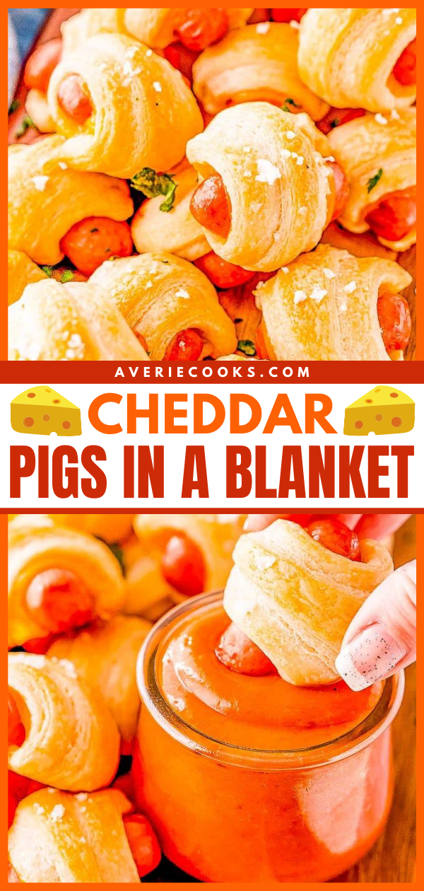 Cheddar Pigs in a Blanket — If you've never tried pigs in a blanket with cheese before, make this recipe! Sliced cheddar cheese and flaked salt takes this classic game day recipe and turns up the flavor! A FAST and EASY appetizer for holiday parties, get-togethers, or events! 