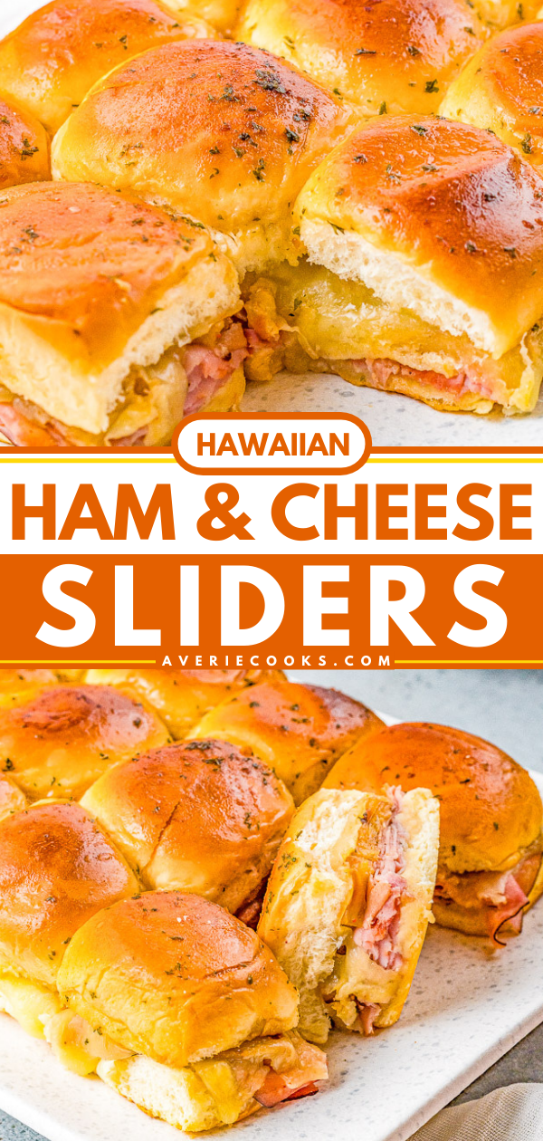 Hawaiian Ham and Swiss Sliders — Grilled pineapple slices brushed with a soy and ginger marinade add a Hawaiian-inspired twist to these irresistible sandwiches! Juicy ham, melted Swiss cheese, and melted butter are impossible to resist! FAST, EASY, perfect as a game day or party appetizer, snack, or quick weeknight dinner!