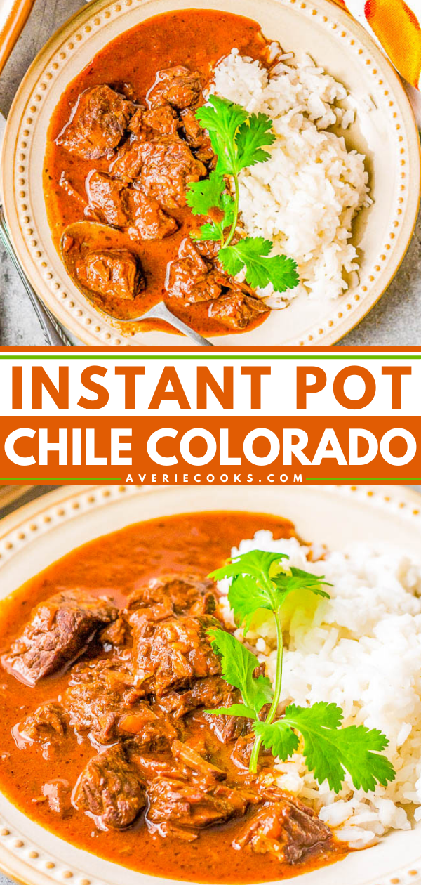 Instant Pot Chile Colorado - Tender chunks of beef simmered in a rich and flavorful sauce made from red chiles is a family favorite comfort food dinner! Made in an Instant Pot to save time although you can make it on the stove or slow cooker. Calling all protein lovers, this hearty Mexican-inspired dish is calling your name!