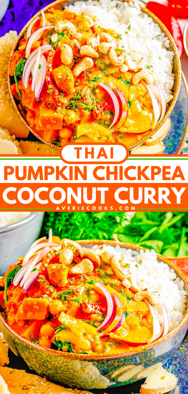 Thai Pumpkin Curry with Chickpeas — An EASY curry that's ready in 30 minutes! Tender fresh pumpkin, chickpeas, bell peppers, spinach, and more all bathed in the most aromatic Thai-inspired coconut milk broth! If you love Thai food, skip the restaurant and make this better-than-takeout curry at home!