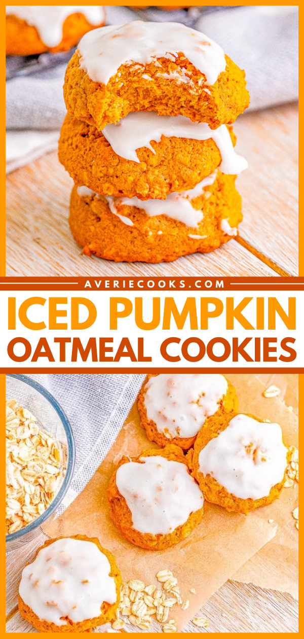 Iced Pumpkin Oatmeal Cookies — Soft and pillowy pumpkin cookies that are chock full of pumpkin spice and everything nice! The icing takes these cookies over the top. An EASY pumpkin oatmeal cookie recipe that does NOT require any dough chilling, making these a FAST treat to whip up!