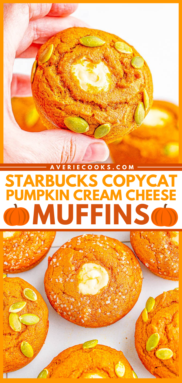 Copycat Starbucks Pumpkin Cream Cheese Muffins — Easy recipe for copycat Starbucks pumpkin muffins that are even BETTER than the original! Super soft, moist, brimming with pumpkin spice flavor, and filled with tangy-sweet cream cheese filling! You are going to LOVE being able to replicate the coffee shop fall favorite at home in no time! 