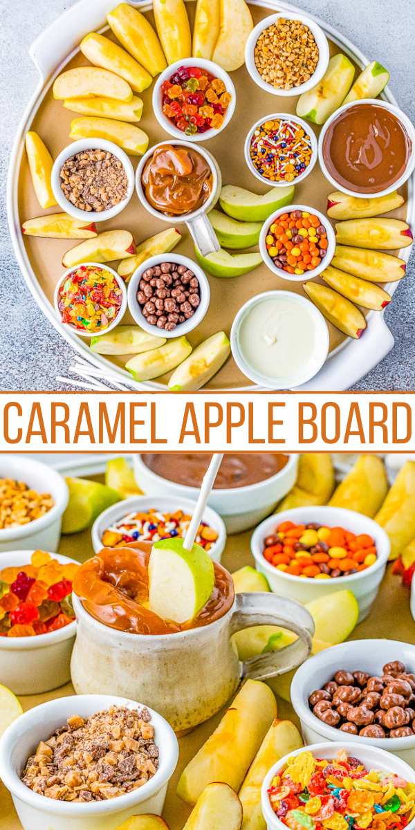 Assorted caramel apple dipping snacks and toppings arranged on a serving platter.