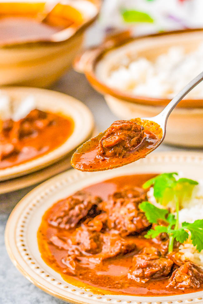 Instant Pot Chile Colorado - Tender chunks of beef simmered in a rich and flavorful sauce made from red chiles is a family favorite comfort food dinner! Made in an Instant Pot to save time although you can make it on the stove or slow cooker, too. Calling all protein lovers, this hearty Mexican-inspired dish is calling your name!