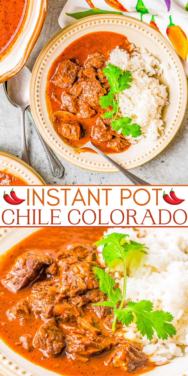 Instant Pot Chile Colorado - Tender chunks of beef simmered in a rich and flavorful sauce made from red chiles is a family favorite comfort food dinner! Made in an Instant Pot to save time although you can make it on the stove or slow cooker. Calling all protein lovers, this hearty Mexican-inspired dish is calling your name!