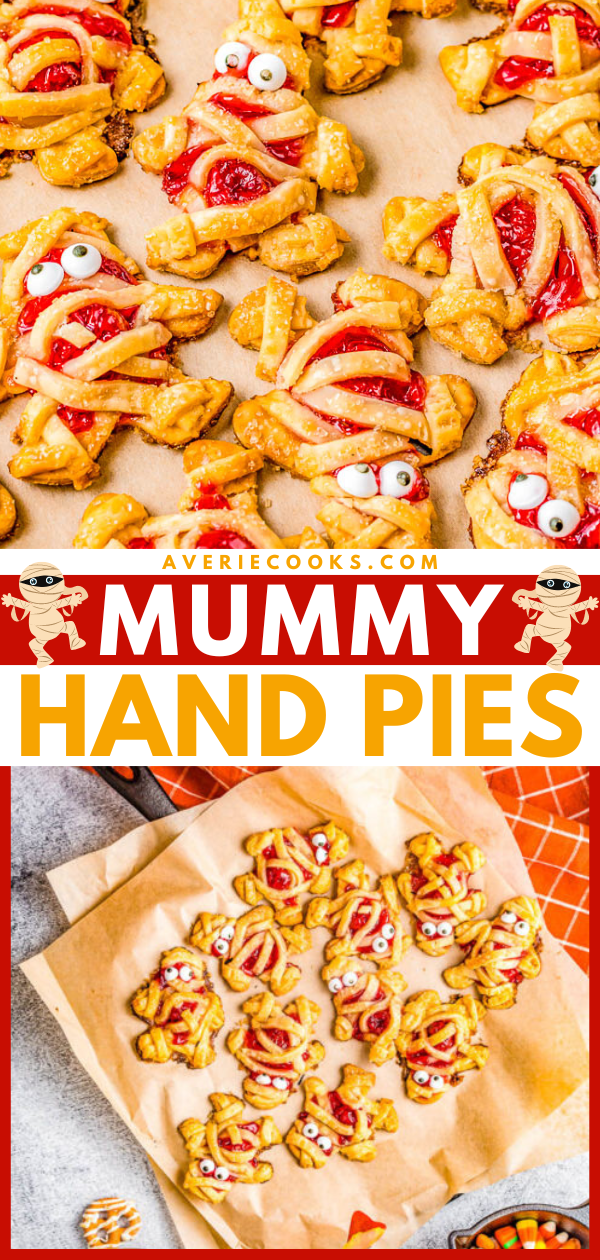 Halloween Hand Pies —A FUN and EASY Halloween dessert for adults and kids alike! Buttery flakey pie crust with tangy-sweet cherry pie filling give great flavor to these festive and whimsical little goodies! Use store-bought pie crust to save time and they're ready in 45 minutes. These little mummies will be the hit of your Halloween party!